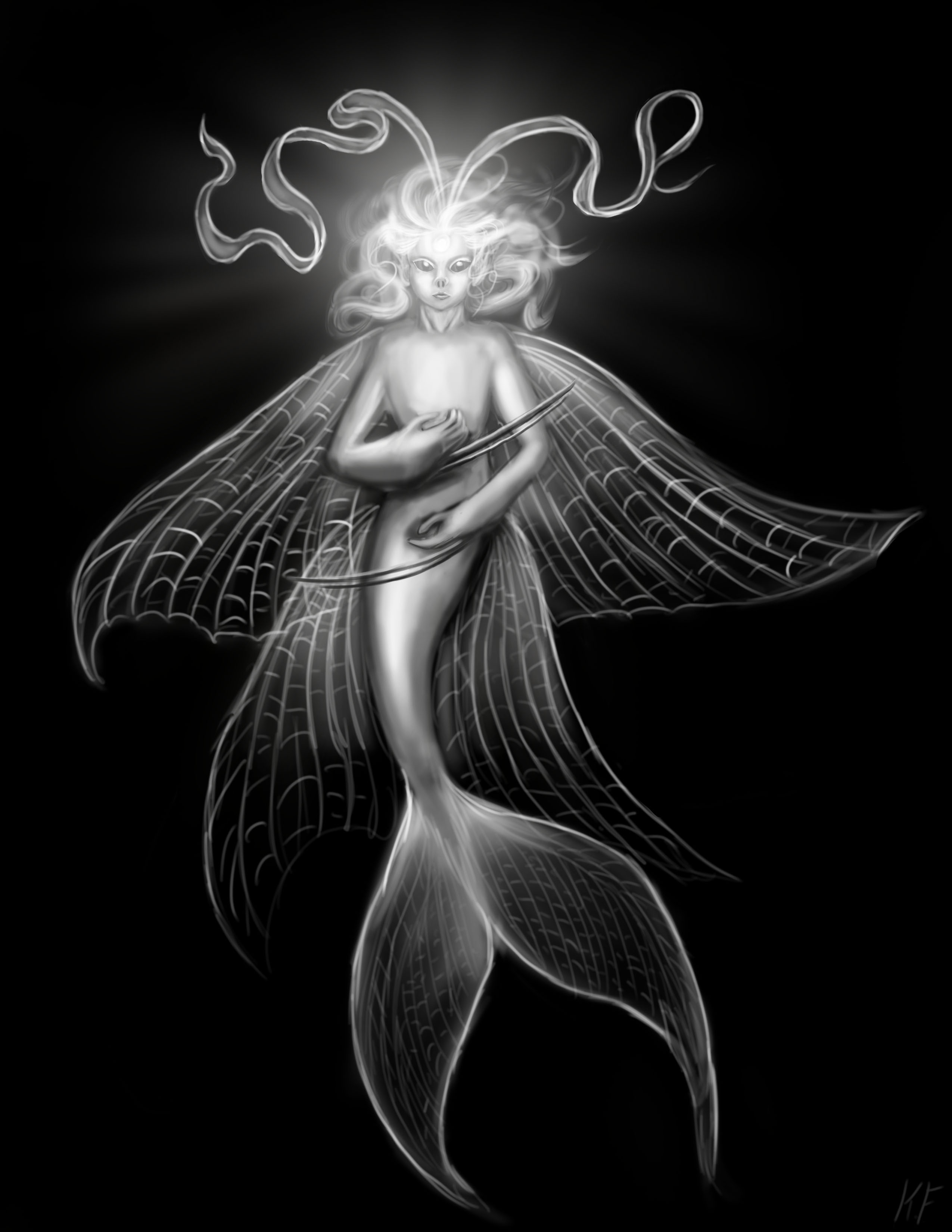 Concept art for a mermaid character that lives at the very bottom of the ocean.